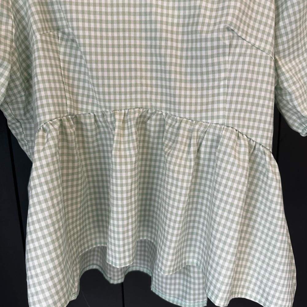 SHEIN Light Green‎ White Gingham Puff Sleeve Blouse size Large - Picture 6 of 10